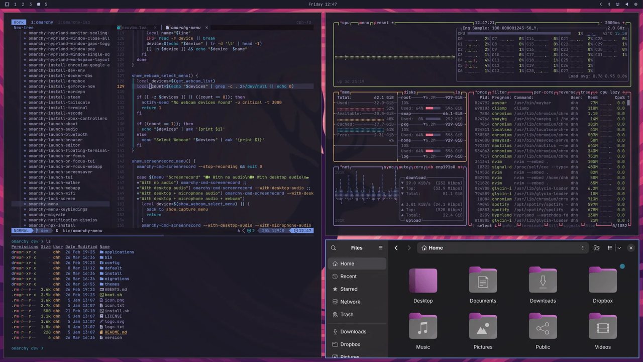 Omarchy desktop in Tokyo Night: tiled Neovim, btop, and a file manager